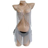 Bikini Sexy Ladies Lingerie Crystal Women Thong Panties Body Chain Rhinestone Bra and Thong Set Belly Chains One Size sidabras