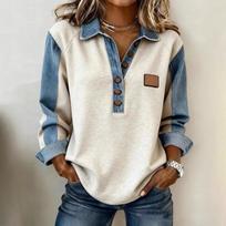 Women Color Block Denim Collar Loose Long Sleeve Casual Sweatshirt S balta