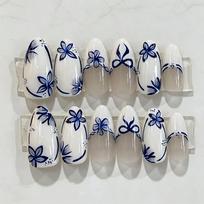 24Pcs Blue Flower French Press On Nails Almond Round Full Cover False Acrylic Nail Art Set gray
