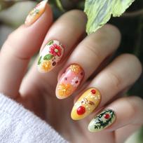 24Pcs Short French Almond Press On Nails With Lemon Flower Design Detachable False Nail Tips For Women white