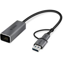 YENKEE, 3.0 USB A/3.1 (Gen 1) USB-C - RJ45 (Ethernet), 1000Mbps, 0.15m, aliuminio korpusas, pilkas/juodas, -