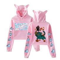 Hot KPop Demon Hunters Derpy Tiger Cat Cropped Hoodies Women Long Sleeve Hooded Pullover Crop Tops Casual Streetwear Clothes XS rožinė