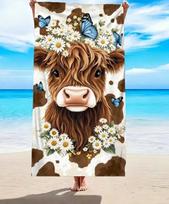 Highland Cow Beach Towel, Microfiber Large Sand Free Quick Dry Sunflower Butterfly Farm Animal Design Soft Absorbent Beach Towel 70X140cm  &1pc brown
