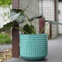 Large Ceramic Flower Pot diameter 42 cm, Hand-Glazed Turquoise-Green High-Gloss Surface, Geometric Groove Pattern, Breathable, Frost-Resistant 42 x 42 x 36.5 cm