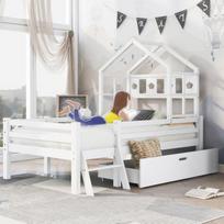 Lit mezzanine - MUVOE - 90x200cm - Bois massif - Blanc - Avec tiroirs balta