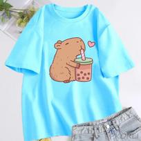 Cute Capybara Loves Bubble Tea T Shirt for Women Cotton Short Sleeve Cartoon Graphic T Shirts Summer Short Sleeve Tee Clothes S beige