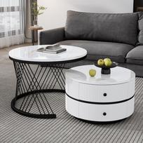 Elegantiškas 2 dalių baltas kavos staliukų komplektas, įdedamas vienas į kitą, 60*60*46cm ir 50*50*31cm, marmuro išvaizda, 2 stalčiai, keliamoji galia iki 30kg balta