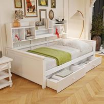 Sofa-lova 90x200, su stalčiais ir lentynomis, grotelinis rėmas, vaikiška lova, jaunimo lova, vienvietė lova, medžio masyvo lova, balta 205 x 97 x 110 cm balta