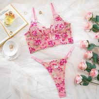 European and American Women’s Sexy Lingerie Set, Pink Sheer Mesh Bra with Floral Embroidery, Underwire Boned Push-Up Underwear Set L rožinė
