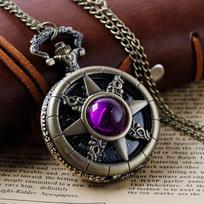 Purple Gemstone Steampunk Pocket Watch Antique Vintage Design Quartz Chain Clock Pendant Jewelry Timepiece Gift for Women Men violetinė