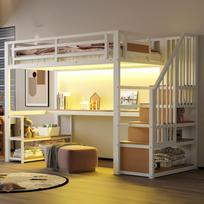 90*200 Metal Loft Bed, with LED Light Strip and Socket, Storage Ladder, Shelves and Table, Safety Fence, Iron Frame Bed for Stable Support, White 255 x 95 x 170 cm balta