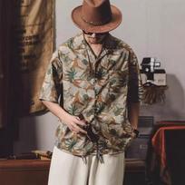 Men Loose Plus Size Short Sleeve Floral Cuban Collar Retro Casual Summer Shirt M brown