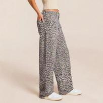 Women's Mid Rise Wide Leg Jeans Straight Leg Leopard Print Denim Pants Streetwear European Casual Long Trousers S kupranugaris