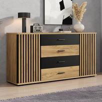 Komoda 140x35x70cm, MDF, 4 stalčiai ir 2 durelės, vertikali griovelio išvaizda, reguliuojamos lentynos, ąžuolo-juoda spalva, sandėliavimo spintelė svetainei, valgomajam 140 x 35 x 70 cm juoda