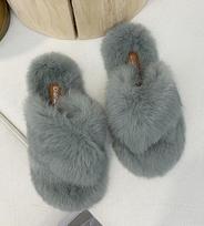 Fashion real rabbit hair warm winter flats fur slippers cross band open toe plush outside slides women casual slip-on lazy flip flops 7.5 chaki