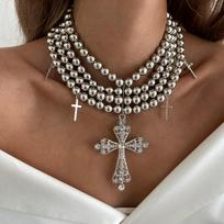 Cyberpunk Style Diamond Studded Cross Necklace Exaggerated Ins Multi-layer CCB Round Bead Bead Bead Necklace brown