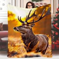 1Pc Majestic Deer Print Blanket, 60X80 Inch, Soft Fabric, Vintage Style, All-Season Sofa & Bed Throw With Dramatic Sunset Backgr 70x100cm28x39in orange