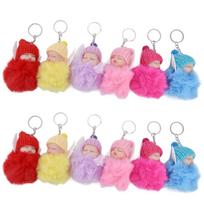 Sleeping Baby Doll Keychain Fashion Girl Doll Pom Pom Keyring 12pcs for Kids Toy Decoration pink