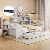 Sofa-lova iš masyvmedžio, 90*200 cm, Su rašomuoju stalu, Knygų lentyna, Sandėliavimo skyriais ir lentynomis, Su elektros lizdu, Daugiafunkcinė medinė lova, Balta 245.5 x 114.5 x 100 cm balta