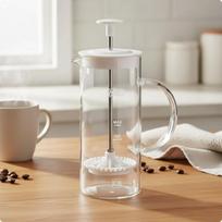 Glass Milk Frother Transparent Plunger Milk Frother Latte Art Pitcher Easy to Clean Kitchen Tool Heat Resistant beige
