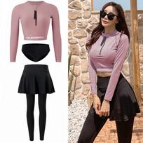 Women's Long Sleeve Slimming Snorkeling and Surfing Swimsuit with Sun Protection, Long Pants, and Skirt. 2XL white