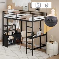 Aukštos lovos, 90*200cm, Be čiužinio, Lova su stalu, Su elektros lizdu ir USB, Keli lentynų, Atviras sandėliavimo spintelė, Apsauginis turėklas, Laiptai, Geležinis rėmas, Juoda 204 x 95 x 180 cm juoda