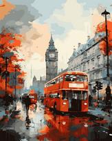 Tapyba Pagal Skaičius: „Raudonas dviaukštis autobusas Londono lietuje“ 40x50 cm