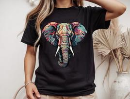 Colorful Elephant Head T-Shirt | Vibrant Tribal Elephant Art, Wildlife Tee S gray