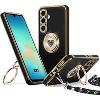 Dėklas, skirtas Samsung Galaxy A27 5G, minkštas silikoninis, atsparus įbrėžimams, su dirželiu ir besisukančiu žiedu - Juodas juoda
