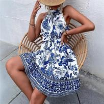 Spring and summer casual mid-length skirt fashion printed holiday dress L mėlyna