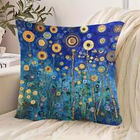 1pc Gustav Klimt Inspired Blue and Golden Abstract Floral Garden Throw Pillow Cover- Dou 30X30CM blue