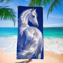 Majestic White Horse Beach Towel Realistic Equine Portrait On Deep Blue Background Elegant Art Print Quick Dry Towel 130x80cm blue