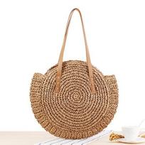 Moteriškas mados rudas laisvalaikio apvalus šiaudinis krepšys, austas paplūdimio krepšys ant pečių kupranugaris