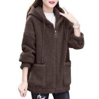 Sherpa striukė moterims su užtrauktuku, pūkuotas vilnos striukė, oversized, šilta, puri, su gobtuvu, žieminė, rudens, laisvalaikio viršutinė apranga su kišenėmis 3XL kava