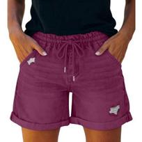 Jean Shorts for Women High Rise Roll Up Hem Straight Leg Distressed Denim Shorts Elastic Waist Drawstring Summer Ripped Hot Shorts with Pockets XL violetinė