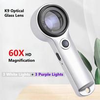 60x HD didinamasis stiklas su UV violetinės šviesos LED - Įkraunamas, skirtas papuošalams, antikvariniams daiktams, skaitymui, elektronikos remontui, senjorams sidabras