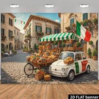 2D Tuscan Town Backdrop with Italian Market, Vintage Fiat Car & Bread Cart 70.9x43.3inch/180*110cm gray