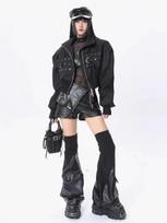 Dark Style Spicy Girl Black PU Leather Leg Warmers with 3D Pocket & Patchwork Design One Size juoda
