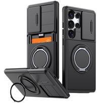Dėklas Samsung Galaxy S26 S25 S24 S23 S22 Ultra Plus S25FE S24FE Dangtelis Stumdoma Kamera Apsauga Su Kortelės Žiedu Laikikliu Šarvuotas Fundas Galaxy S25 Ultra black