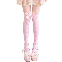 Womens Thigh High Stockings with Bows Accent Heart Skeleton Pattern Cosplay Party Over Knee Long Tube Socks Hosiery rožinė