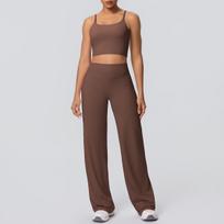 Stylish Solid Color Breathable Yoga & Running Two-Piece Set with Wide-Leg Pants Extra Large brown