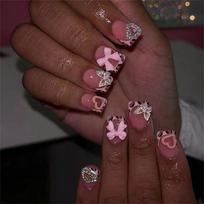 24Pcs Spicy Girl Leopard French Press On Nails Square With Bowknot Diamond Heart Butterfly Decor False Nails brown
