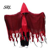 Horror Character Cosplay Cloak Grim Reaper Hooded for Men Women, Adult Scary Gothic Distressed Ragged Robe Wizard Cape, Halloween Costume Masquerade raudona