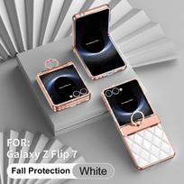 Samsung Galaxy Z Flip 7 galvanizuotas odos tekstūros blizgučių deimantinis dėklas su žiedeliu pakabinimui, apsaugantis nuo pirštų atspaudų For Galaxy Z Flip 7 balta