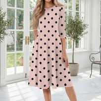 Women's Casual Round Neck 3/4 Sleeve Polka Dot Print Midi Dress XXL raudona