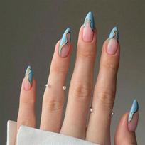 24 Press On Nails, Blue Ripple Design with Gold Edge, Stick On Nails for Women, Artificial Nails Extensions Kit for Weddings, Parties, Everyday Fas brown
