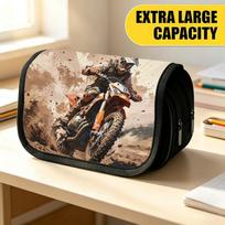Double Layer Large Pencil Case, Vibrant Printed Pencil Pouch with Dirt Bike Rider Design, Fashion Storage Bag, Portable Pencil Case with Zipper, Durab 20x9x11cm brown