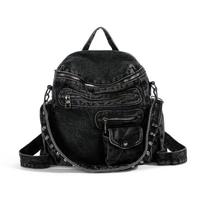 Schoolbag retro washed denim backpack design sense rivet single shoulder versatile college student schoolbag class commuter backpack juoda