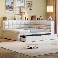 Sofa Medinis Lova 140 x 200, Daugiafunkcionali Lova su Minkšta Atlošu, Didelė Sandėliavimo Stalčius, Vienvietė Lova, Jaunimo Lova, Medinė Lova iš Pušies Medžio, Balta. 212 x 153 x 83 cm balta