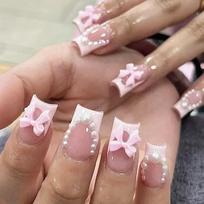 24Pcs Short Square French Press On Nails Pink Acrylic False Nails With Pearl Bow Removable Full Cover Nail Tips brown